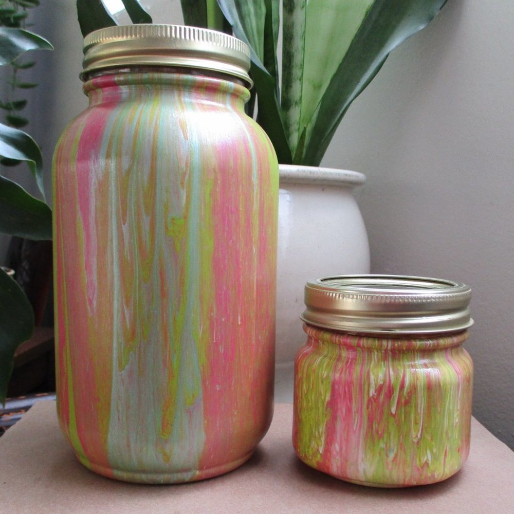 2 Original Fluid Pour Paint Technique Storage Jars Quart and 1/2 Pint